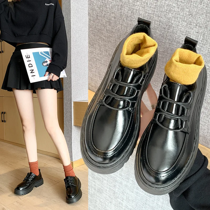 

2019 New Style WOMEN'S Shoes Single Thick Bottomed Lace-up Bright Surface Shoes WOMEN'S Shoes Hair