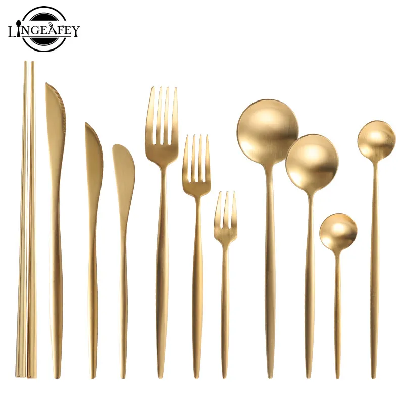 

Gold Cutlery Set 304 Stainless Steel Cutlery Set Chopsticks Butter Knife Dessert Spoon Dinner Fork Tea Ice Spoon Tableware Set