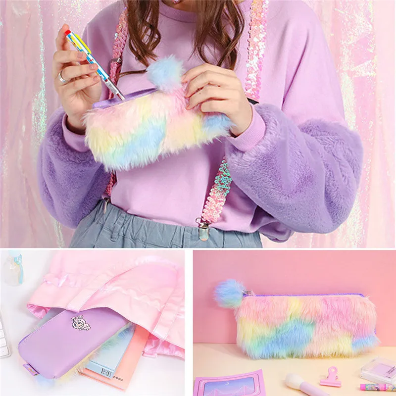Beliebte Bunte Детские Подарочные пеналы Kawaii большой емкости плюшевый Пенал школьный принадлежности косметичка канцелярские сумки с молнией