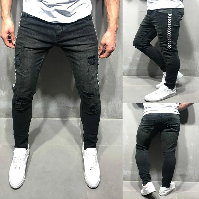 

Men Skinny jeans New Fashion Side Stripe Destroyed raw Denim Pencil casual pants