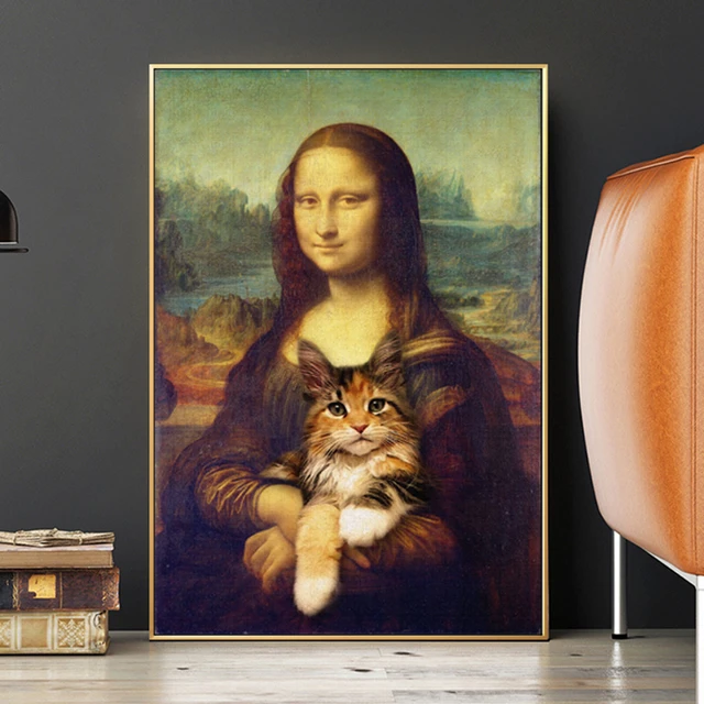 Mona Lisa sostiene el gato, divertido de decoración, carteles e impresiones, arte de pared para sala de estar, Da Vinci, imágenes famosas sobre lienzo, pintura - AliExpress