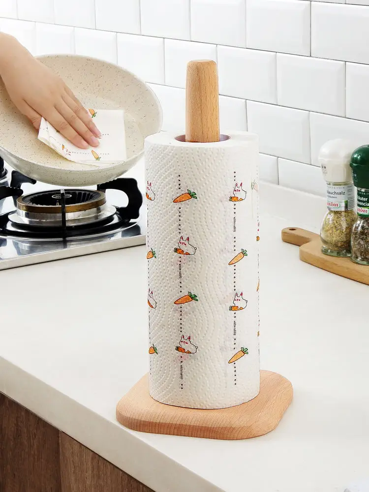  Beech Wooden Vertical Stand Roll Paper Stand Holder Kitchen Paper Towel Toilet Tissue Holder Househ