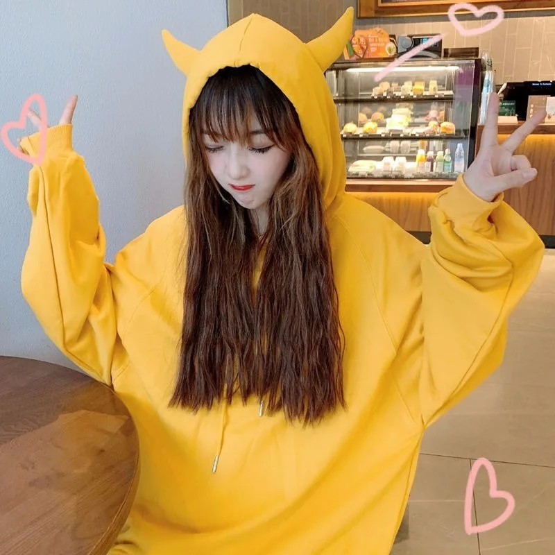 Harajuku однотонные Свободные толстовки для женщин Kawaii осень зима теплый флисовый
