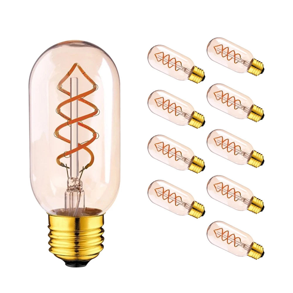 Genixgreen T45 Antique Flexible Tubular Led Bulbs Spiral Filament Amber Glass Edison Tube Light Bulb E27 220V Dimmable LED Lamps
