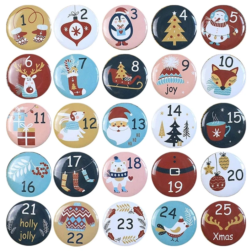 24Pcs Christmas Button Pins Advent Calendar Number Badge Brooch for DIY Decor