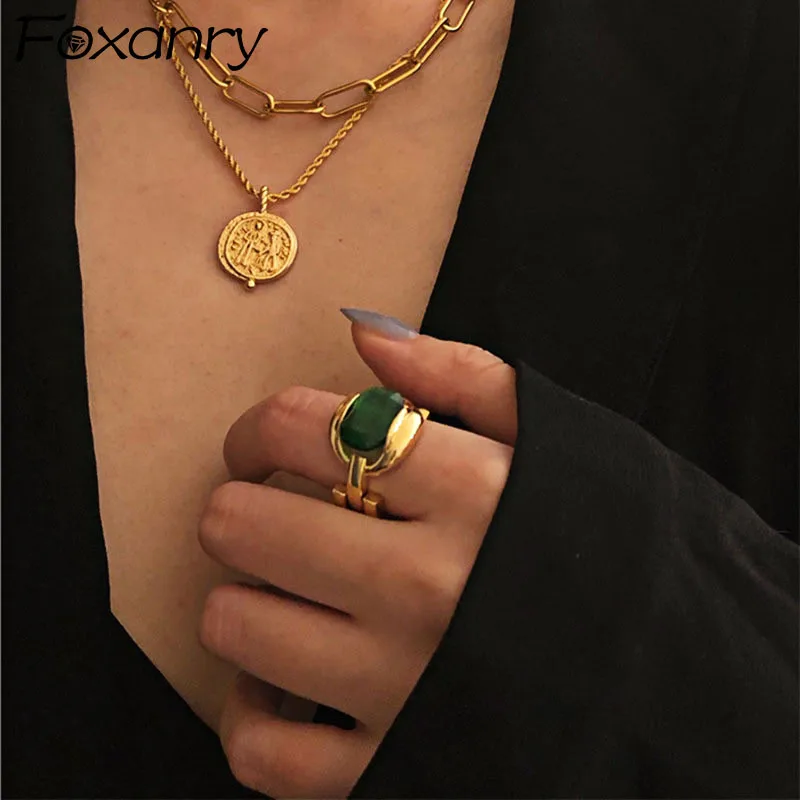 Кольца Foxanry из серебра 925 пробы с французским позолоченным старинный зеленый