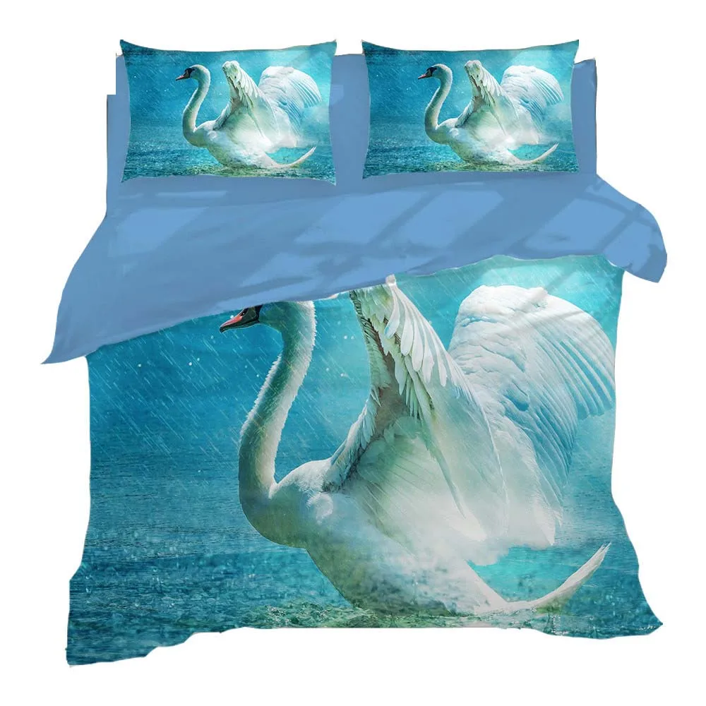 

3 pcs/set sigle White Bedding Set ua queen Kids bedding Cute Bedspread Swan Printed full size Duvet Cover Bedding Set Flat Sheet