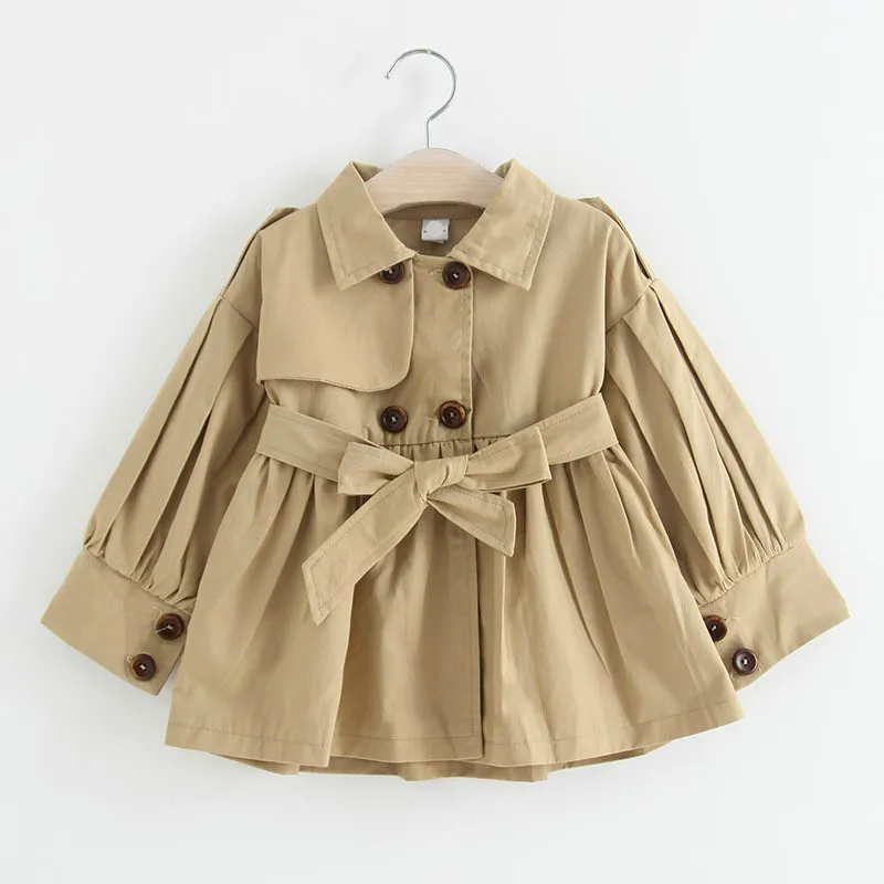 

Sweet Kids Girls Ruffles Trench Jackets Outwears Candy Khaki Pink Color Double Breast Bow Outwear