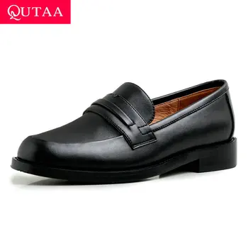 

QUTAA 2020 New Spring Cow Leather Comfort Ladies Single Shoes Square Low Heel Casual Round Toe Concise Women Pumps Size 34-39