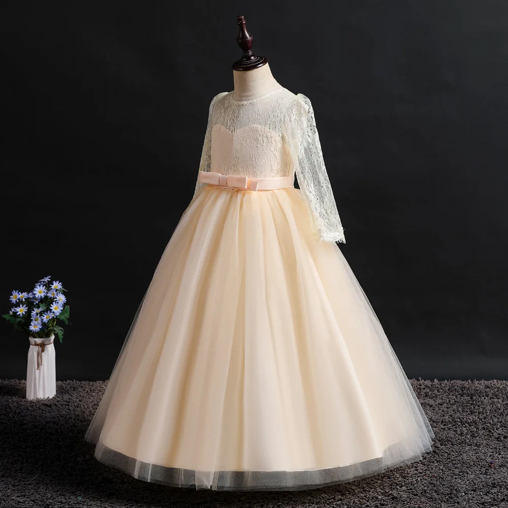 AliExpress однотонное платье для девочек торжественное кружевное платье с вышивкой и длинными рукавами пышное платье принцессы