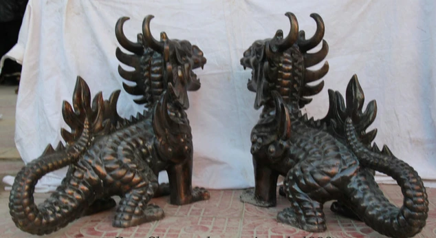 001459 3" Китайский Бронзовый зверь муха Kylin Chi-lin Qilin Скульптура Статуя Пара(A0414