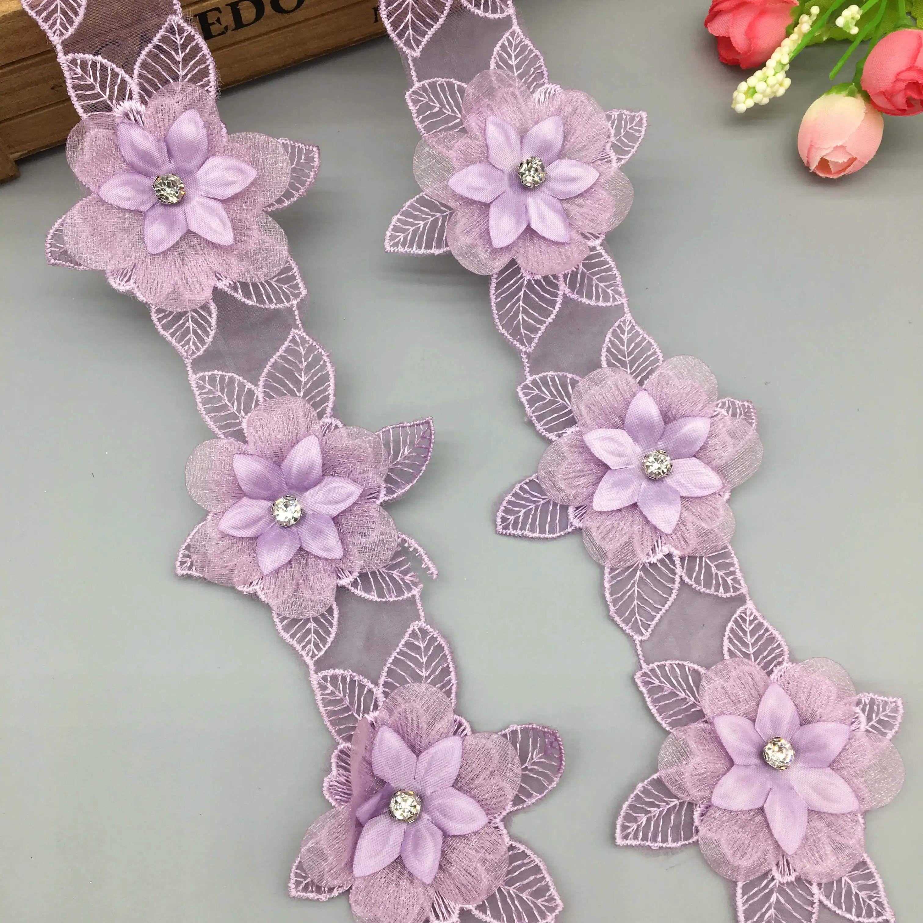 1 Yard Purple Pearl Rhinestones Flower Leaf Handmade Beaded Embroidered