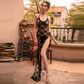 

Women Nightgown Hot Nightwear Sexy Bandage Lingerie Lace Nightdress Nightie Vintage Sleepwear Female Embroidery Home Clothes