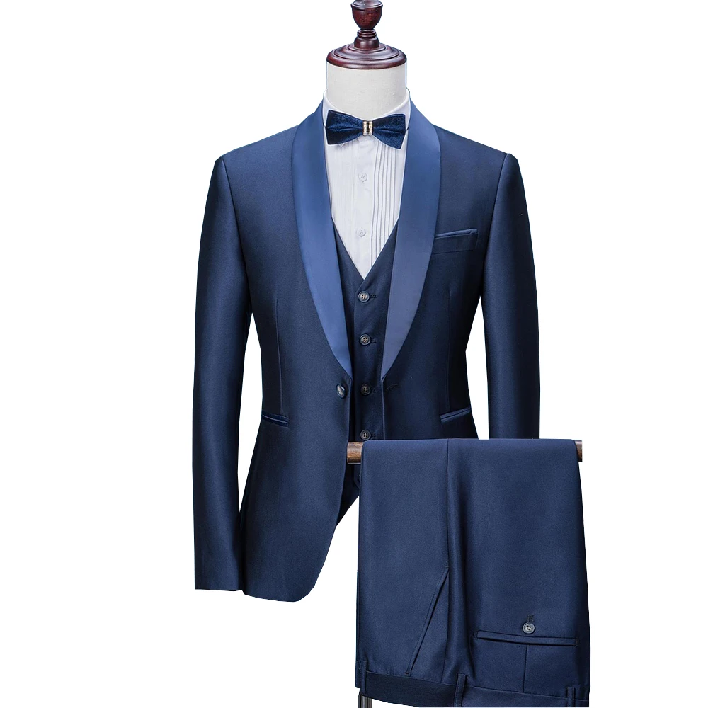 Costumes pour hommes 2019 - Costumes de mariage pour hommes - Col châle - 3 pièces - Coupe ajustée - Costume bleu pour hommes
