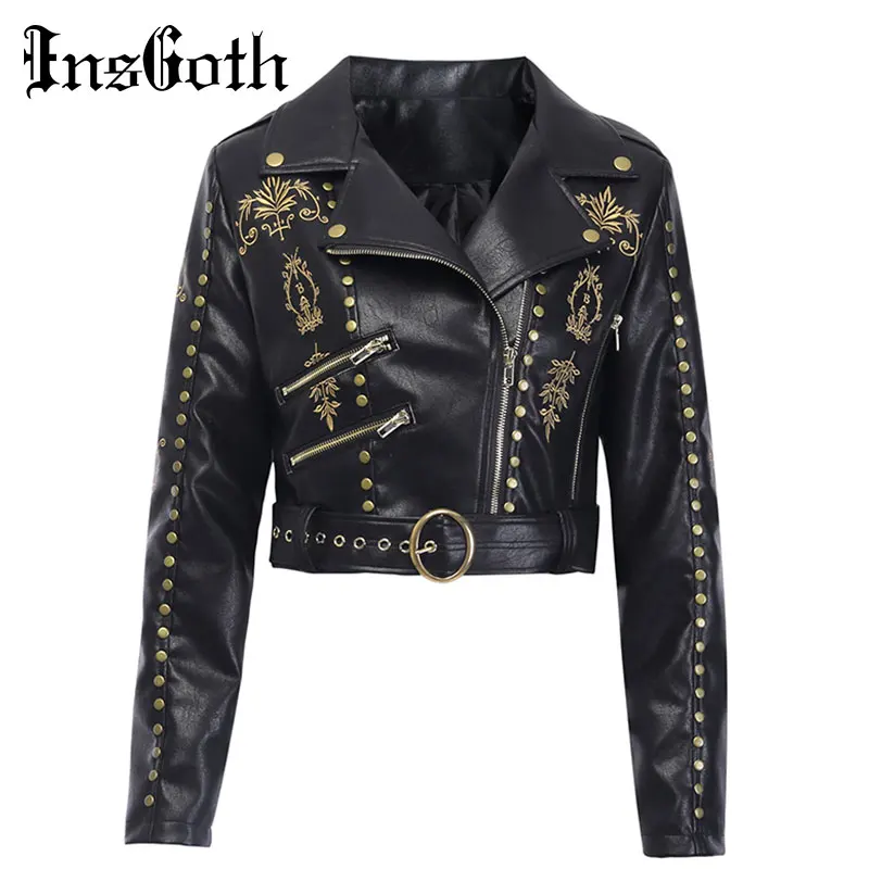 

InsGoth Women Black Leather Jacket Gothic Coat Print Embroidered Faux Soft PU Leather Punk Jacket Motorcycle Black Coat Winter