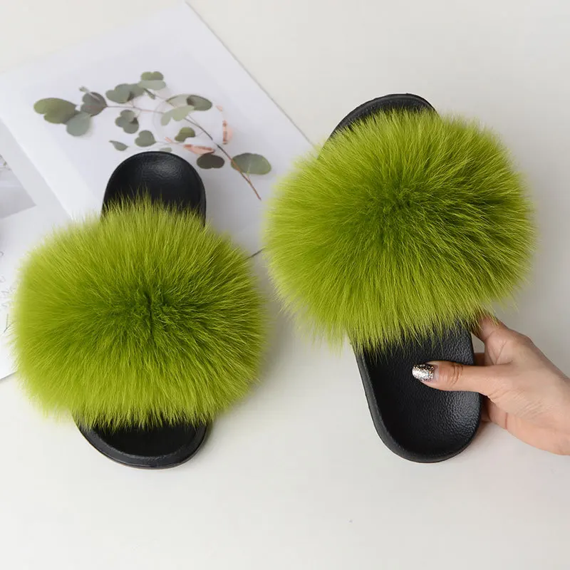 light green Женские меховые тапочки; теплые шлепанцы с лисьим мехом для женщин; шлепанцы; Домашние меховые тапочки; пушистые сандалии; зимняя плюшевая обувь - Цвет: light green