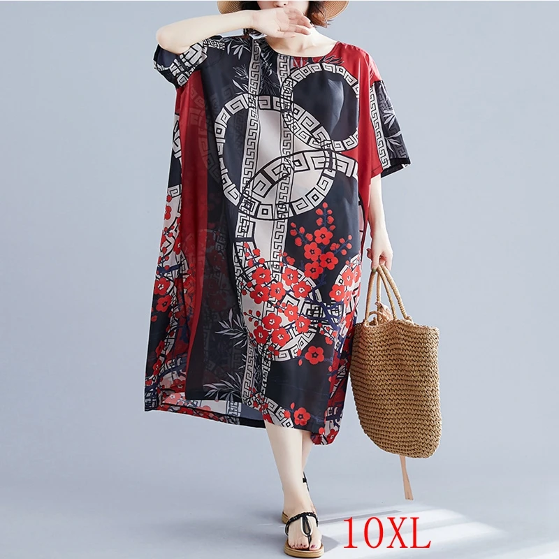 

Summer plus size dress8XL 9XL 10XL bust 158CM round neck literary printing bat sleeve light and loose chiffon women's dress