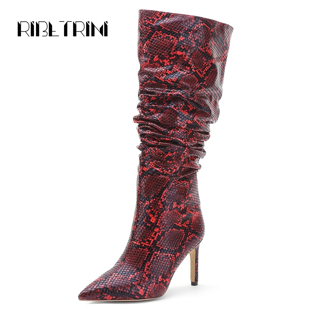 

RIBETRINI Fashion Women Snakeskin Knee High Boots 2019 High Heels Pointed Toe Autumn Party Shoes Woman Office Dress Boots