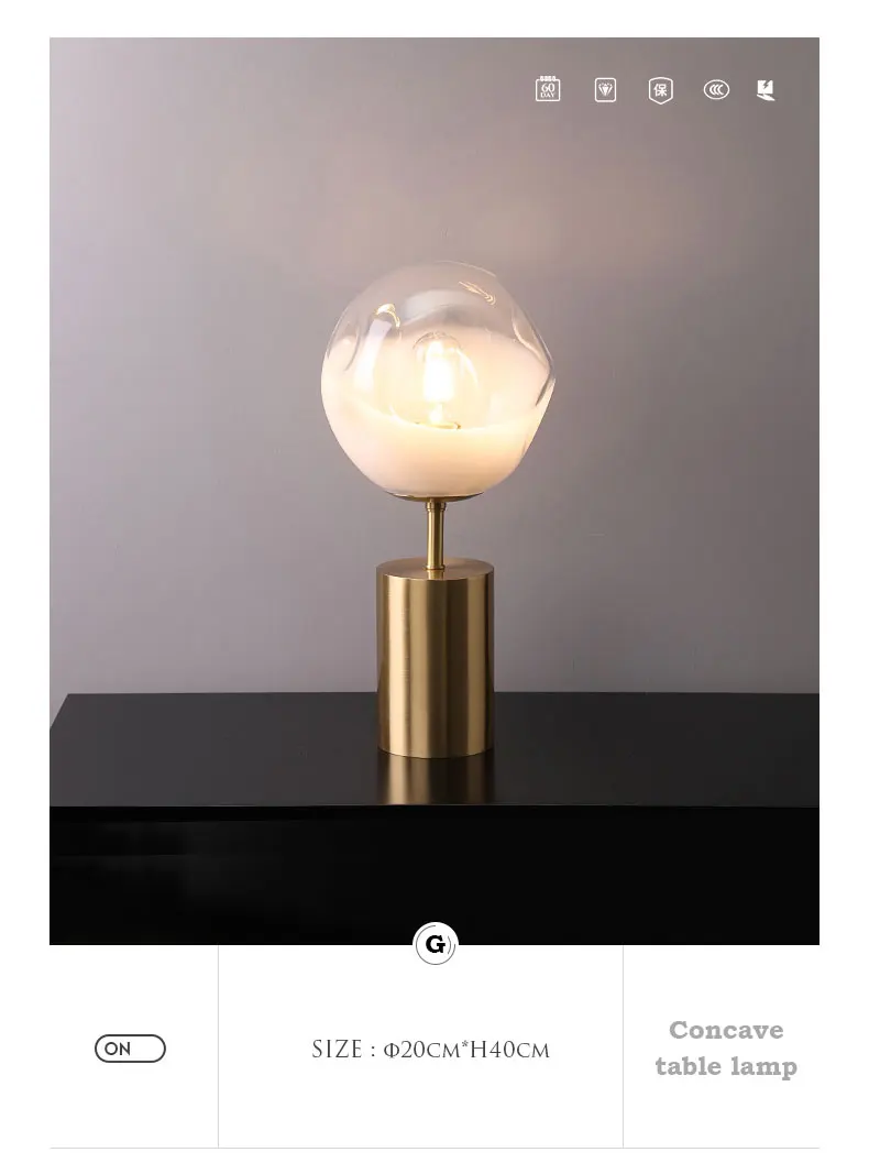 Nordic restaurant decoration LED lighting white gradient glass ball table lamp concave design brass bedside E27 bulb single head