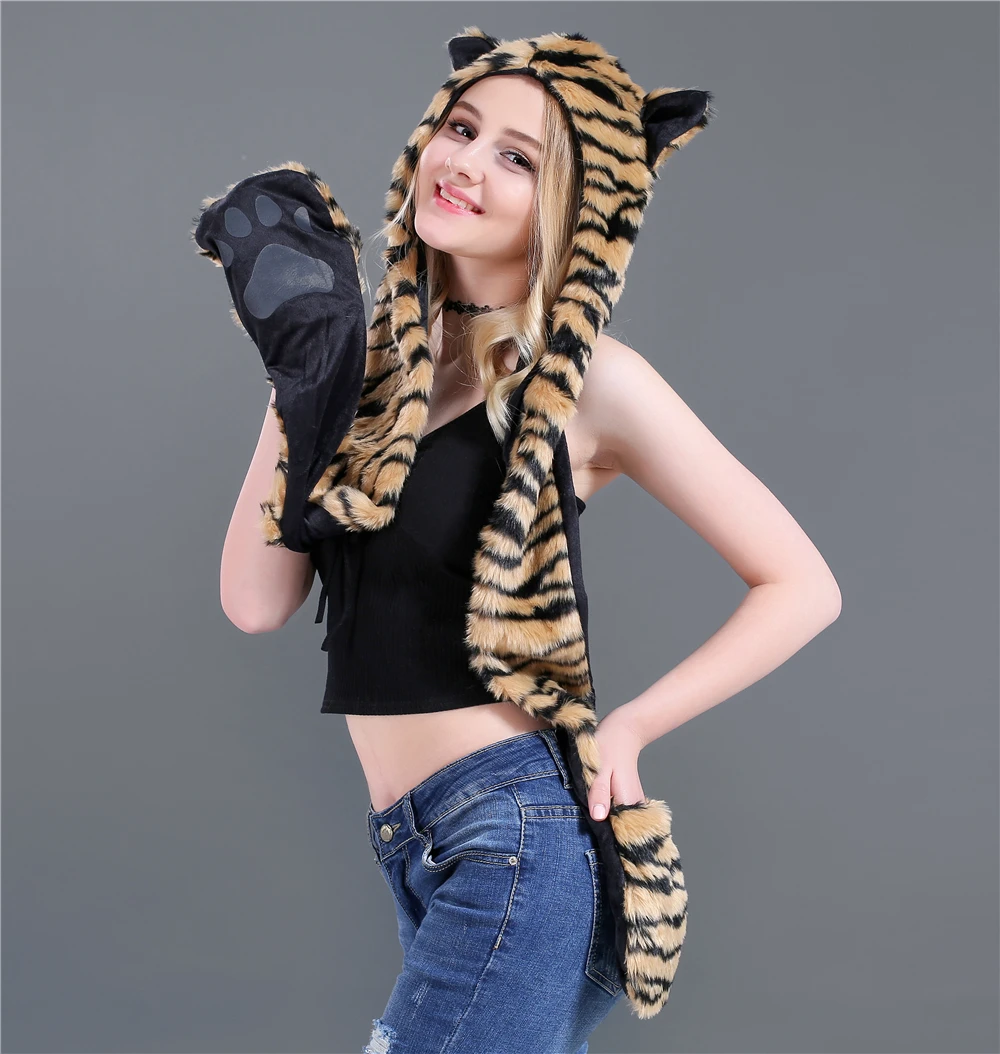 Женская зимняя модная теплая шапка леопардовой расцветки, шарф из искусственного меха, женский шарф, перчатки, шапка с мехом животного, Рождественский подарок T01