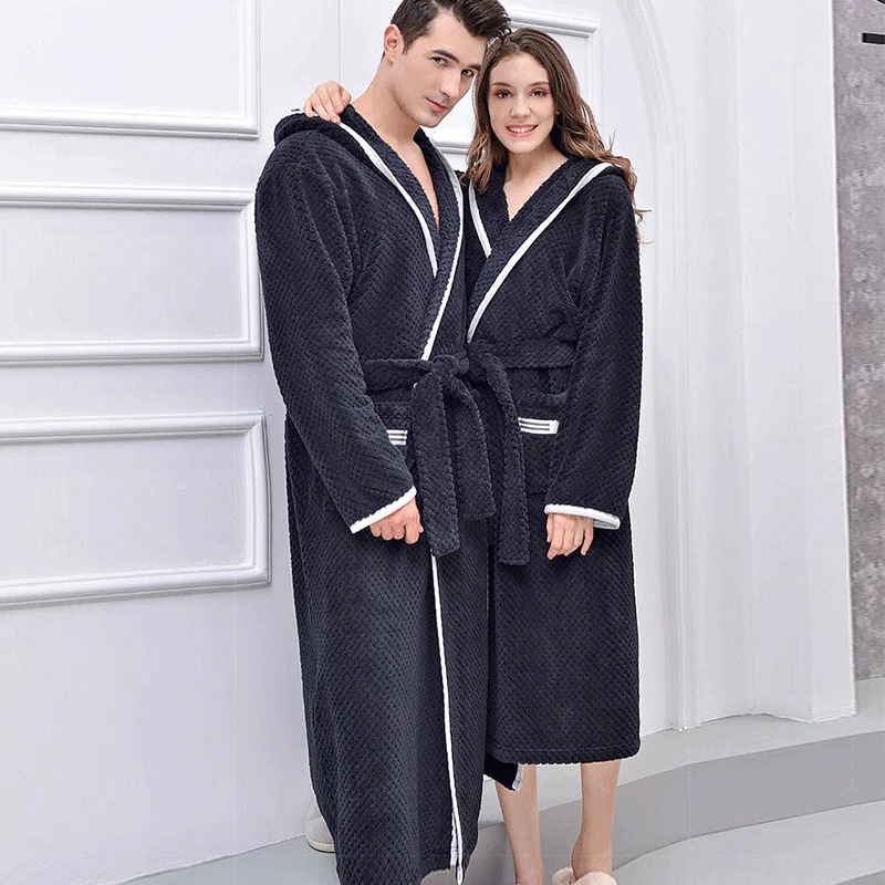

Lover's Coral Fleece Bathrobe Winter Thickened Flannel Nightgown Pajamas for Couple Women Pink Peignoir Mens Kimono Robes Long