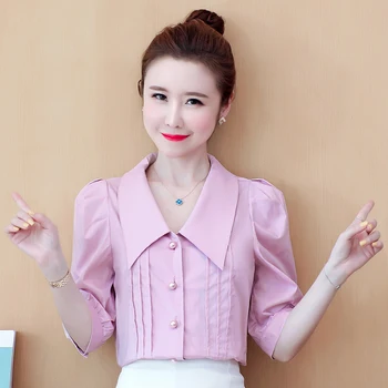 

COIGARSAM Chiffon Shirt Womens tops Summer Puff Sleeve Turn-down Collar Women shirts Taro Purple 6529