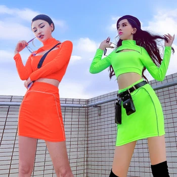 

Jazz Costumes Nightclub Hip Hop Clothing Bar Singer Dj Ds Rave Show Wear Fluorescent Reflective Long Sleeve Short Skirt DN5937