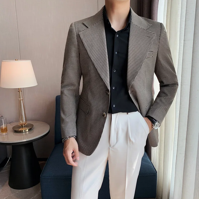 waitFOR Charm Mens Casual Slim Two Button Fit Suit Blazer Coat Lattice Jacket Tops Houndstooth Big Pocket White Cloth Edging Mens Casual Two-Button Suit 