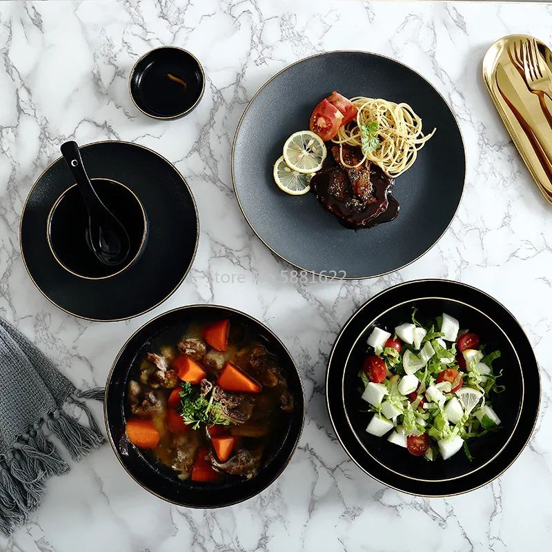 1pc Black Gold Rim Ceramic Dinner Dish Plate Rice Salad Noodles Bowl Soup Plates Matte Dinnerware Sets Tableware Kitchen Tool