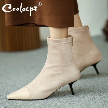 

Coolcept 2021 Women Short Boots Pointed Toe Patchwork Zipper Thin Heel Shoes Flock Sexy Boots Ladies Footwear Winter Size 32-43