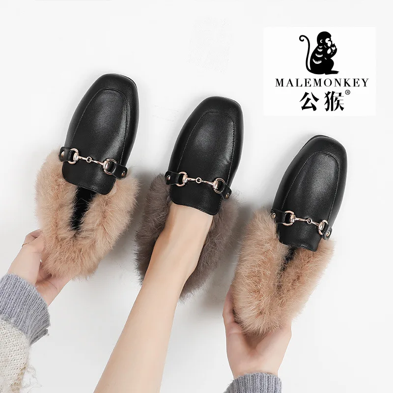 

Males Loafers Women's 2019 Winter New Style British-Style Small Leather Shoes Flat plus Velvet Furry Muller