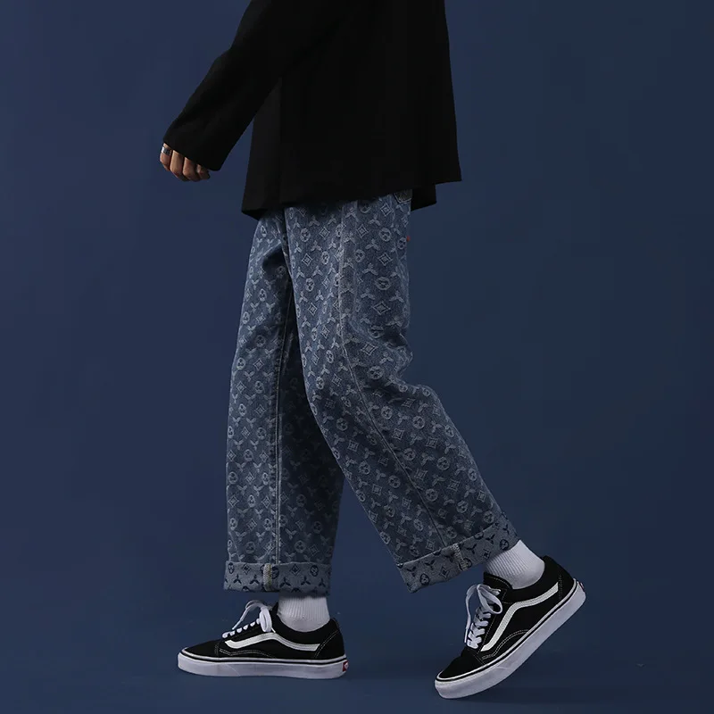 New Man Jacquard Cashew Print Jeans Vintage Wide Leg Pants 2023 Men Spring Autumn Fashion Mid Waist Straight Jean Streetwear Y2k