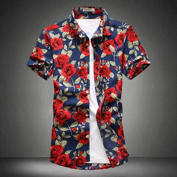 

Summer New Men's Large Size Suit Shirt Korean Fashion Slim Lapel Rose Print Short Sleeve Shirt Men