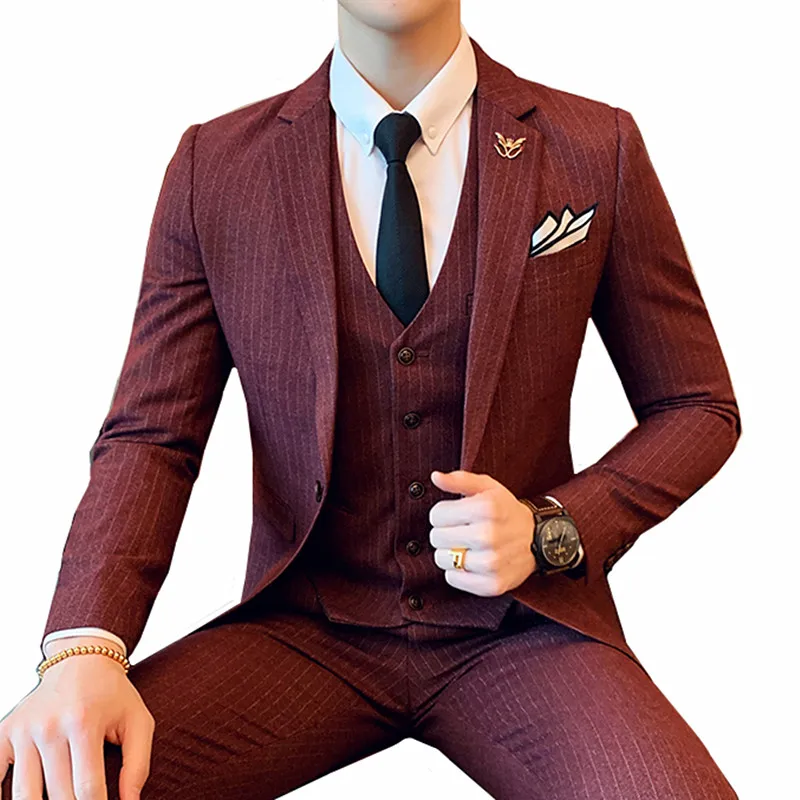 

(Jacket + vest + pants) men's suit 3 piece set business gentleman high-end British wind groom wedding dress fashion male blazer