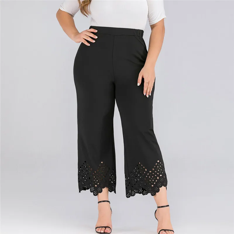 Women Pants Plus Size 4XL Hollow Lace Stitching Black Wide Leg Trousers Casual Larg Flare Long O9 | Женская одежда