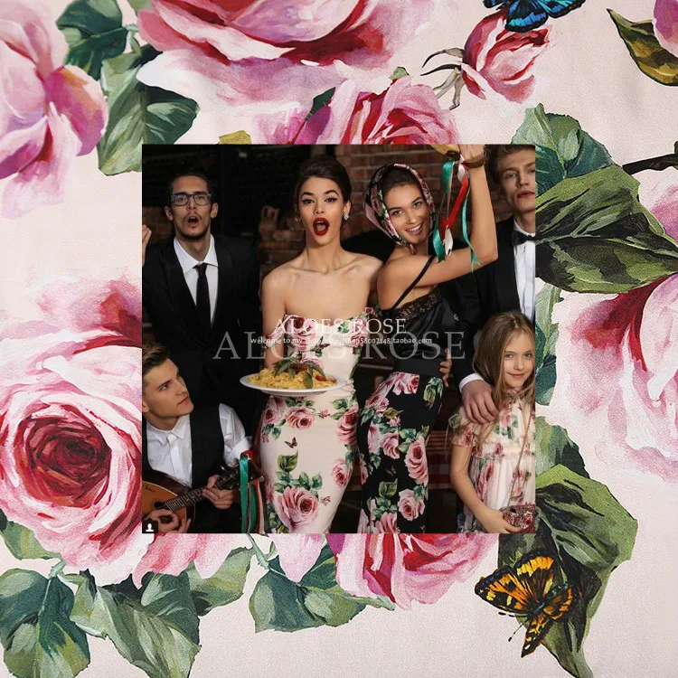 

Italy D brand rose flower printed stretch satin soft women's summer fashion polyester DIY clothing fabric cloth for dress