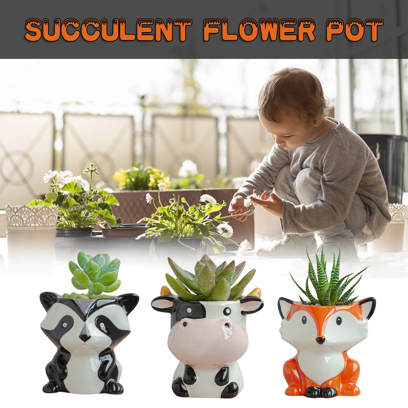New Style Ceramic Animal Flower Pot Cartoon Zebra Sheep Cow Head Mini Pot Nordic 