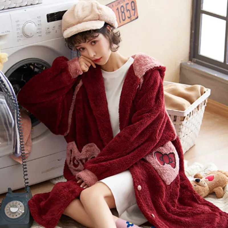 Autumn And Winter Coral Velvet Hooded Pajamas Women'S Thickened Long Wine Red Nightdress Cartoon Girl Flannel Home Clothes  Robe