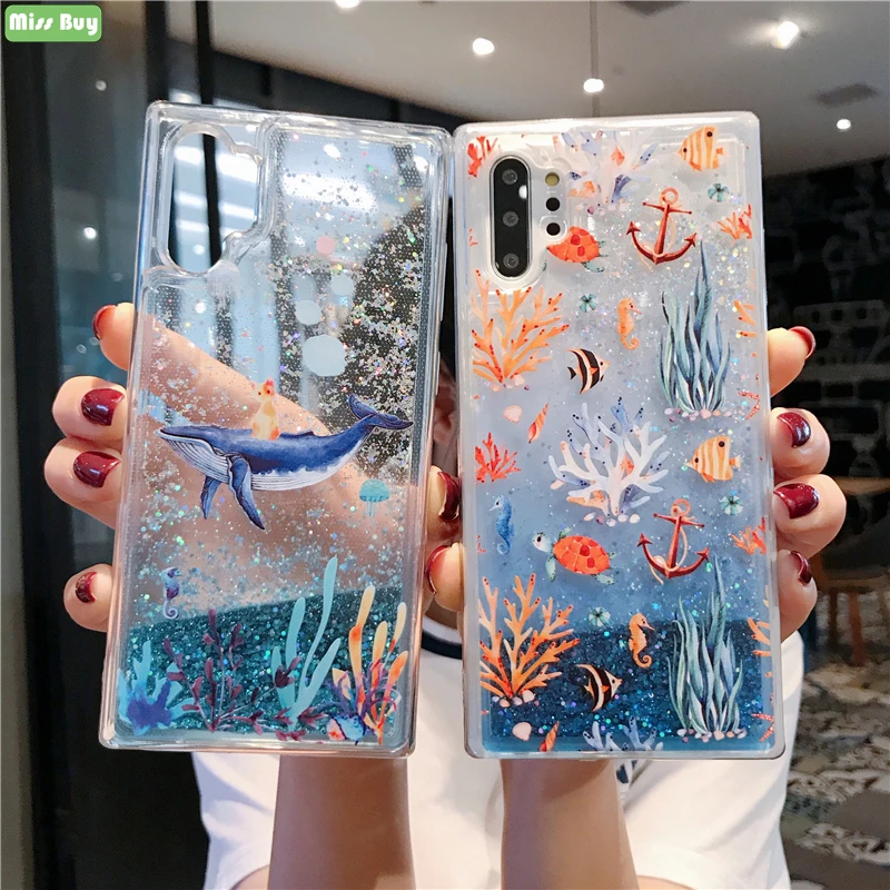 For Samsung Galaxy Note 10 Plus Protective Case Liquid Quicksand Sea Coral Blue Dolphin Pro Shell Cover |