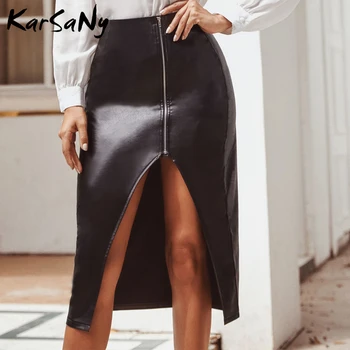 

Sexy Split Bandage Skirt Pencil Knee With Zipper In Front Ladies Skirts With High Waist Leather Skirt Midi Women 2020 PU Skirts