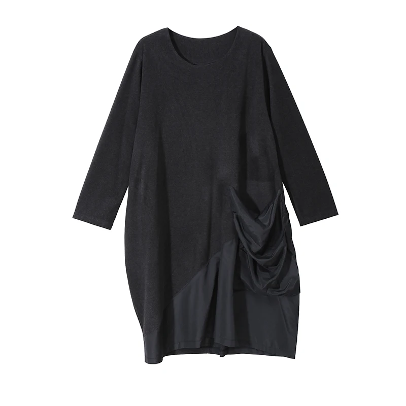 Корейский стиль, длинный рукав, Женское зимнее повседневное черное платье, пэтчворк, длина до колена, женское прямое платье миди, женская одежда 5730 - Цвет: Gray 5730