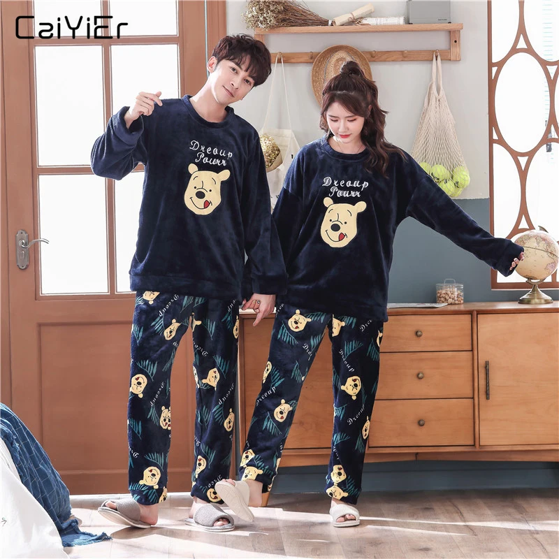 

Caiyier Winter Pajama Sets women and men Thick Warm Flannel Long Sleeve Sleepwear Suit Cute Couples Cartoon Causal Nightgown