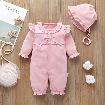 

Baby jumpsuit pink fashion Newborn clothing Female baby bubble sleeve romper 100% cotton with a hat