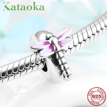 

100% Real 925 Sterling Silver Pink dragonfly Stopper Beads Fit Original European Charm Bracelets Bangles DIY Jewelry Dropshippig