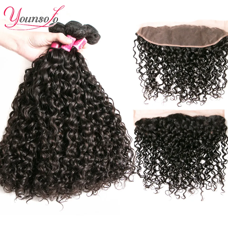 

Younsolo Brazilian Water Wave Bundles With Frontal Remy Human Hair Weave Bundles With Lace Closure Natural Color Hair