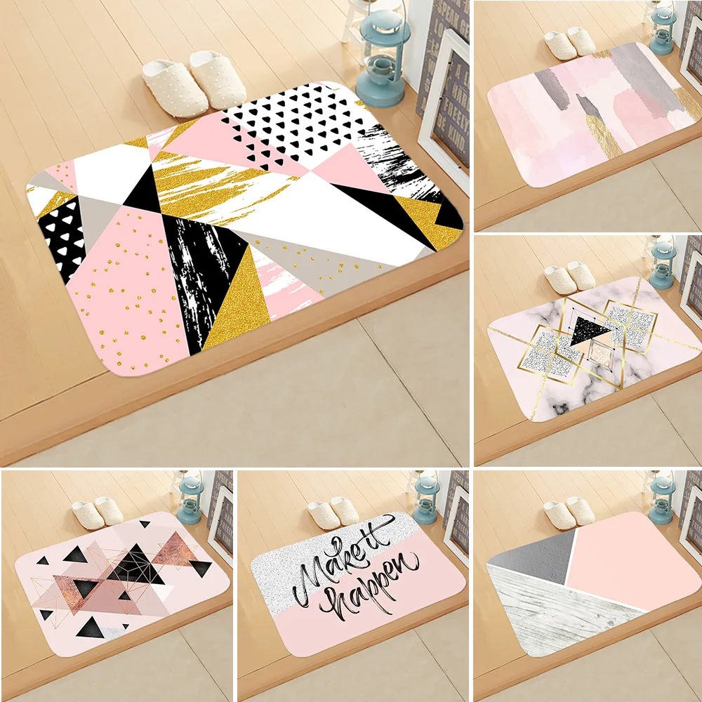 

40*60cmPink Marble Ins Style Printed Floor Mat Flannel Fabric Carpet Anti Slip Mat Bedroom Floor Mat Toilet Mat Household Mat
