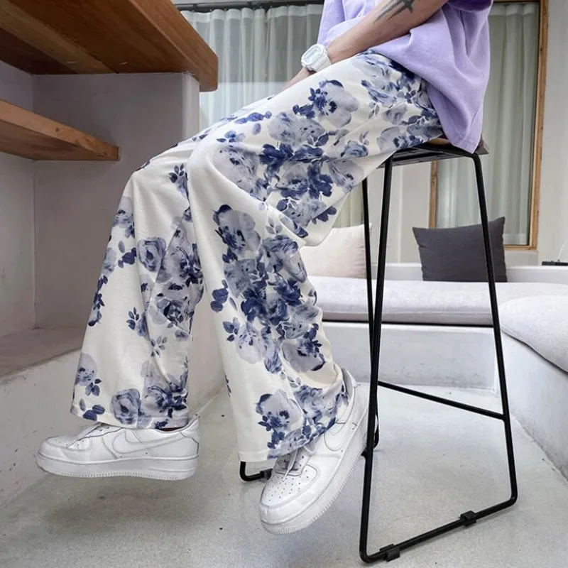 Spring Summer Flower Pants Men's Fashion Printed Casual Pants Men Streetwear Loose Hip-hop Straight Wide-leg Mens Trousers wide leg pants wide leg sweatpants men cargo pants