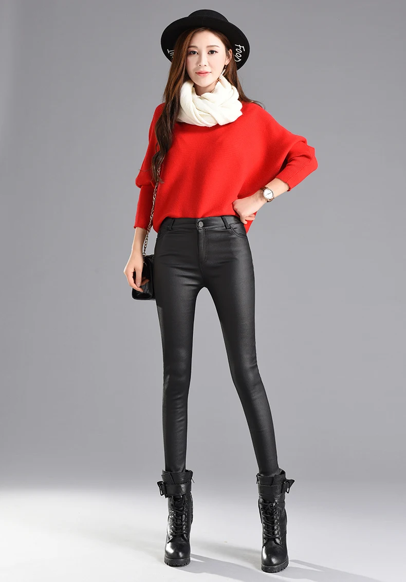 Women Thin Velvet PU Leather Pants 2019 Autumn Winter Female Sexy Pantalon Leggings Elastic Stretch Skinny Tight Faux Leather Pencil Pants Trouser Lady Trousers Black Color S XXXL High Quality Warm Ladies Streetwear (3)