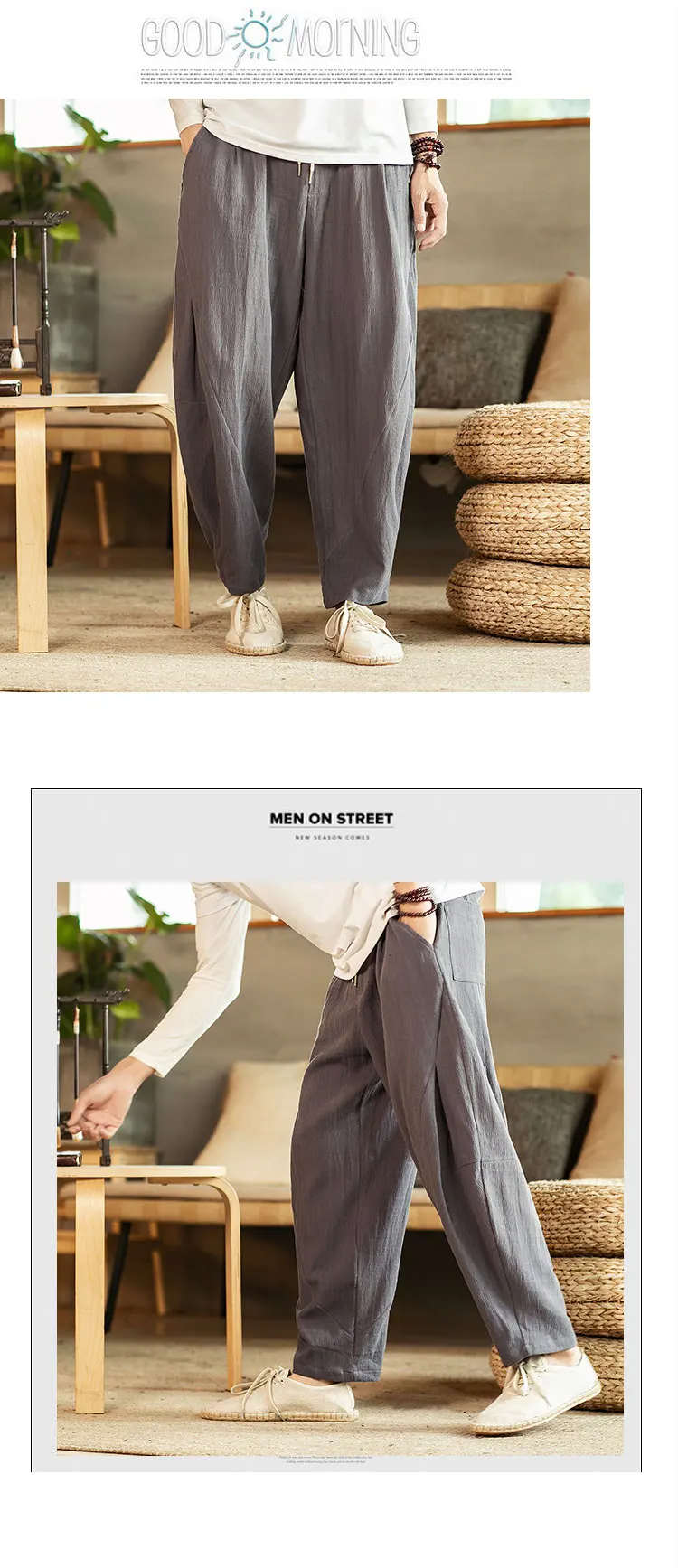 Casual pants Chinese style men's loose straight linen trousers Plus size M-5XL solid color Harajuku literary pants male