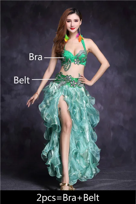 Green 2pcs Костюм для танца живота набор для женщин юбка для танца живота Восточный Болливуд для взрослых египетская индийская танцевальная одежда высокого качества - Цвет: Green 2pcs